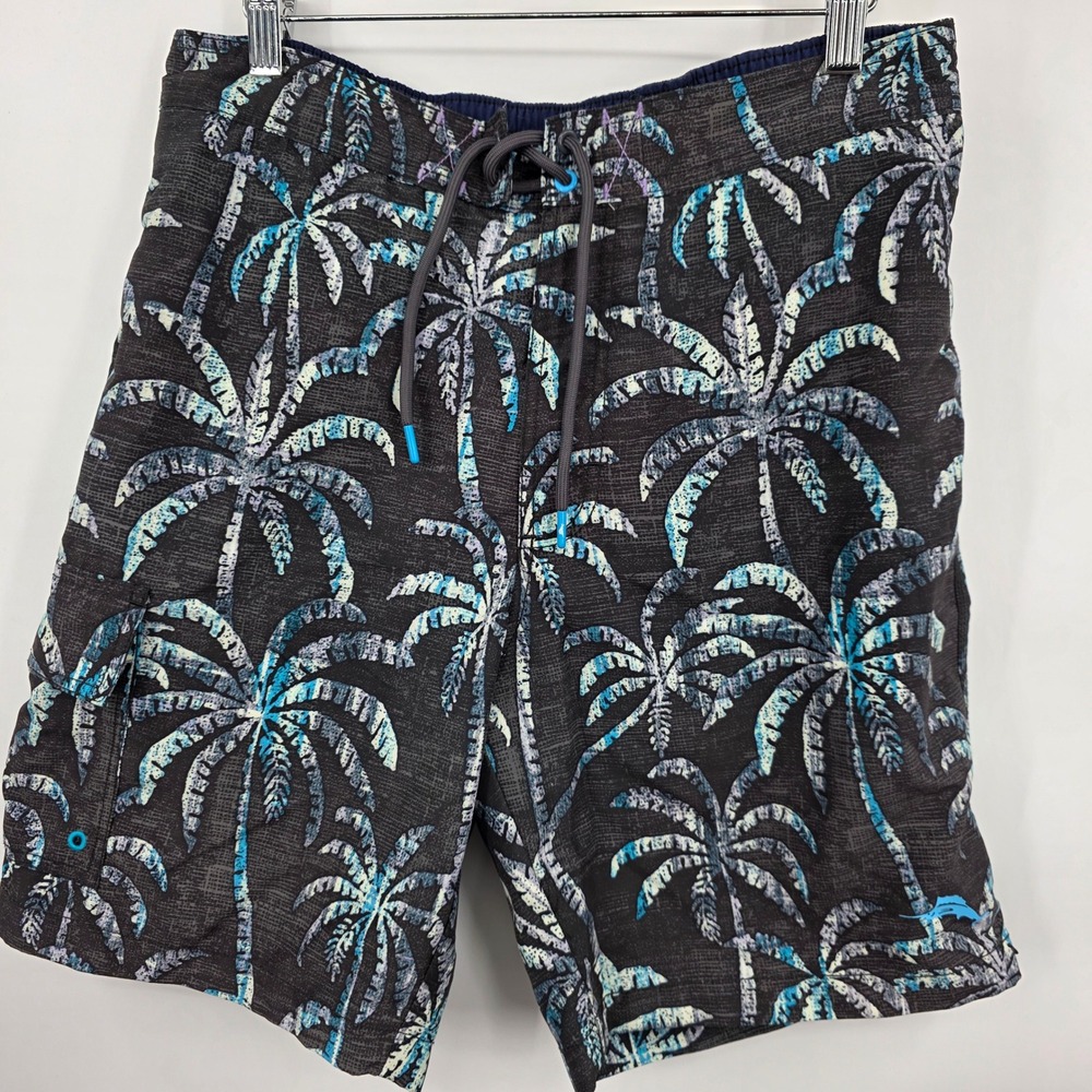 Tommy Bahama Palm Tree Board Shorts Mens Medium Grey Blue 9" Inseam Cargo Pocket
